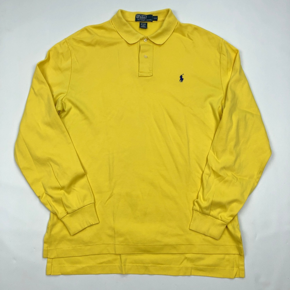 Polo Ralph Lauren Mens Long Sleeve Polo Shirt Yellow Navy Pony Large Classic Fit